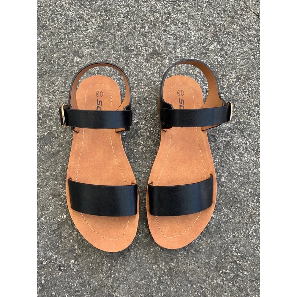 Soda Black and Tan Strappy Buckle Sandals